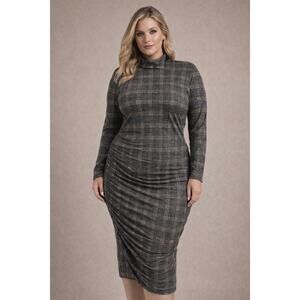 Haute Fox Plaid Ruched Bodycon Midi Dress Size 3X Mock Neck Long Sleeve NWT